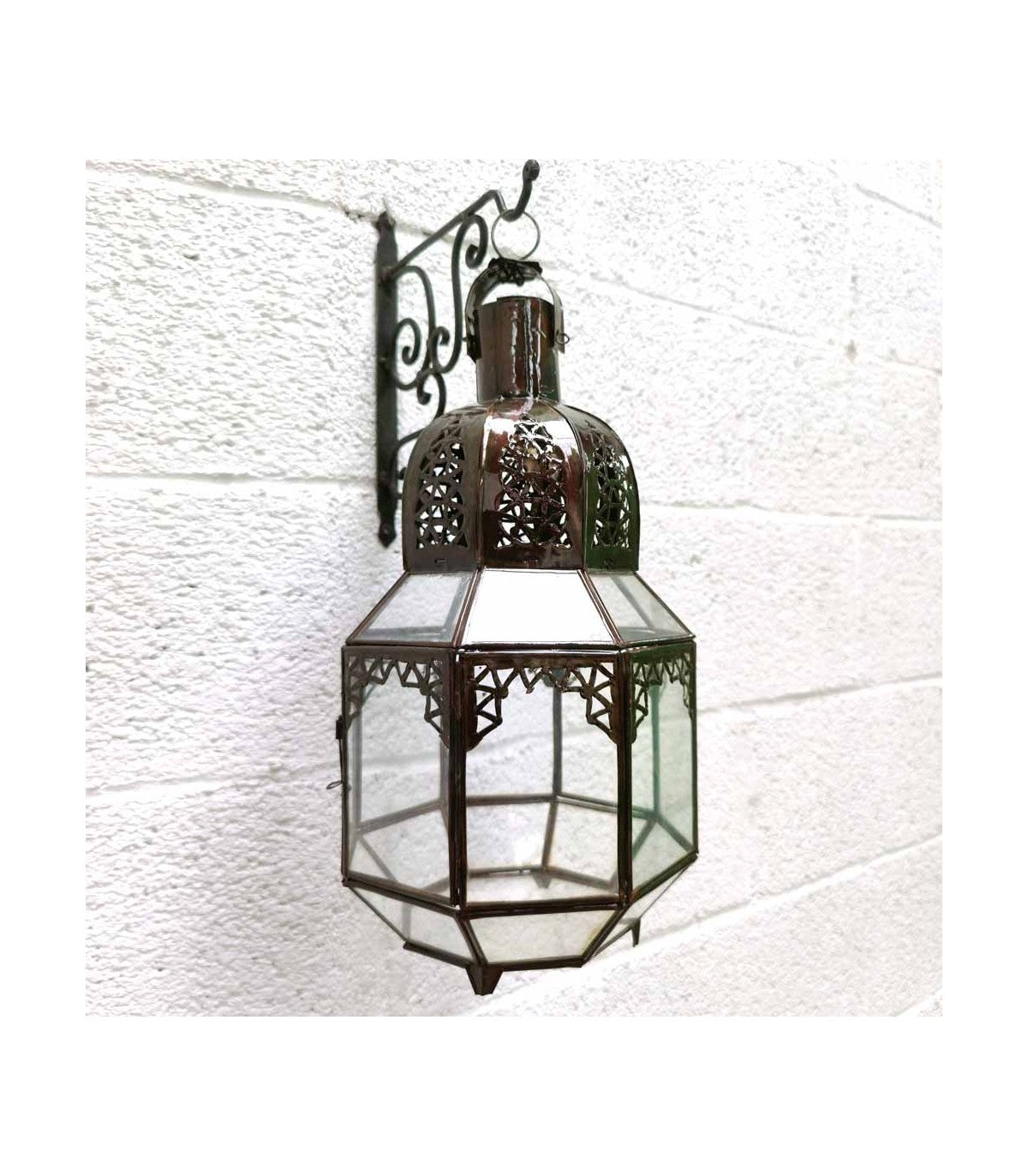 Farol para Vela Octogonal De Hierro Calado y Cristal - Decoración Andalusí - Para Colgar o Sobremesa - Modelo O Okhtubut