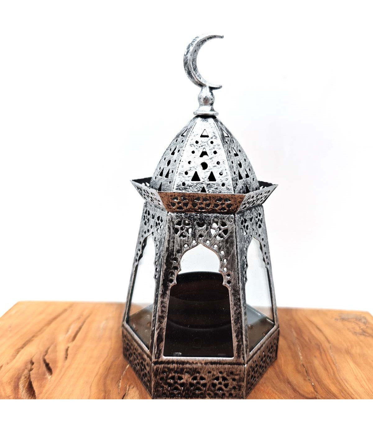 Farolillo Árabe Calado - Plateado - Vela - Modelo Hilalun