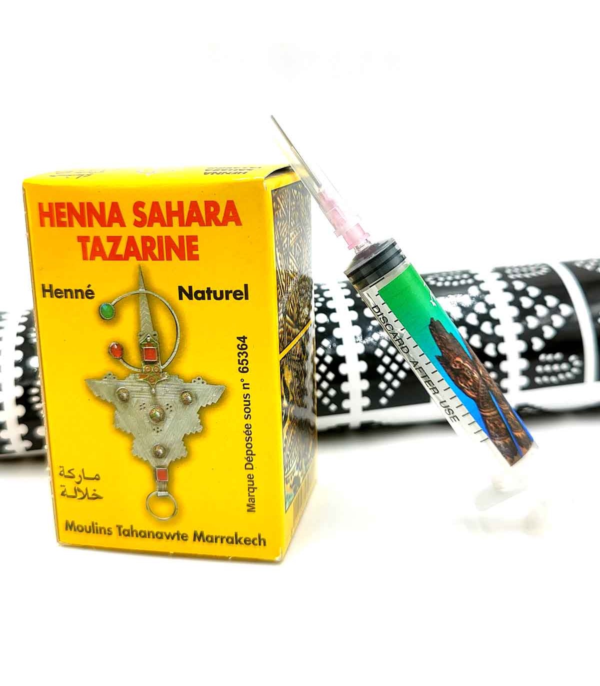 Kit Tatuaje Temporal Natural Henna Marroquí Tazarine + Plantilla + Jeringuilla