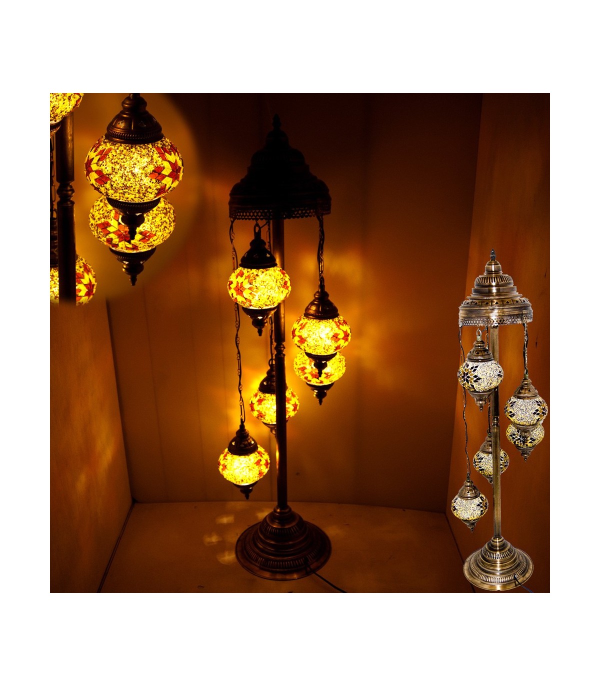 Lampara Turca 5 Bolas - Suelo - Altura 110 cm - Cristal Murano - Mosaico