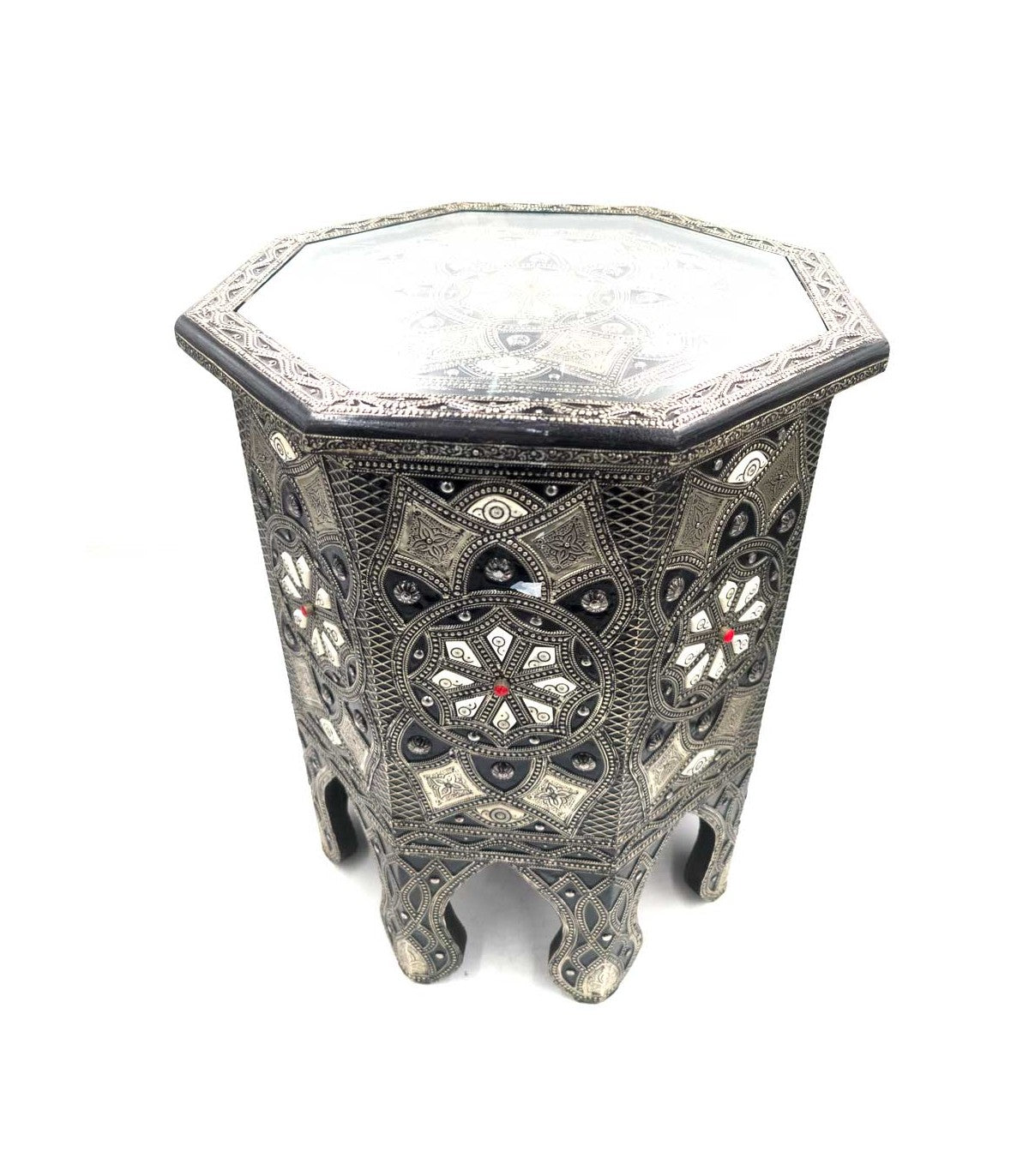 Mesita Auxiliar Marroquí Madera Hueso y Alpaca Repujada Modelo Merzouga