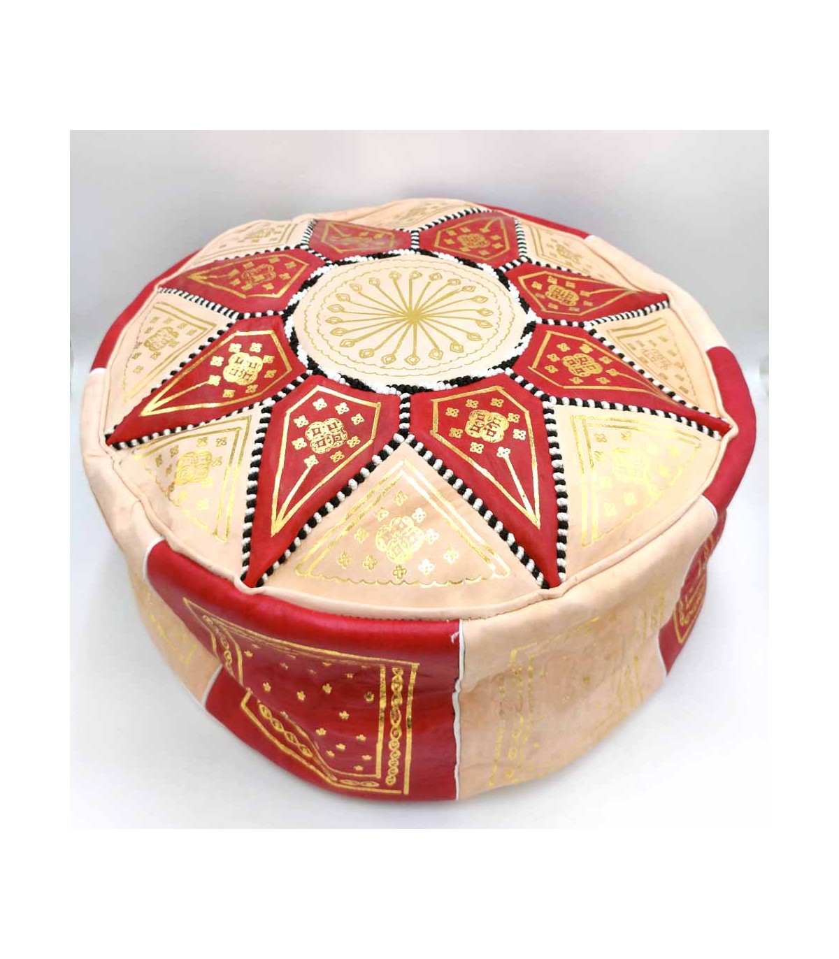 Puff Árabe Cuero 100% - Color Rojo Artesanía Marroquí - Modelo Laun Ahmar