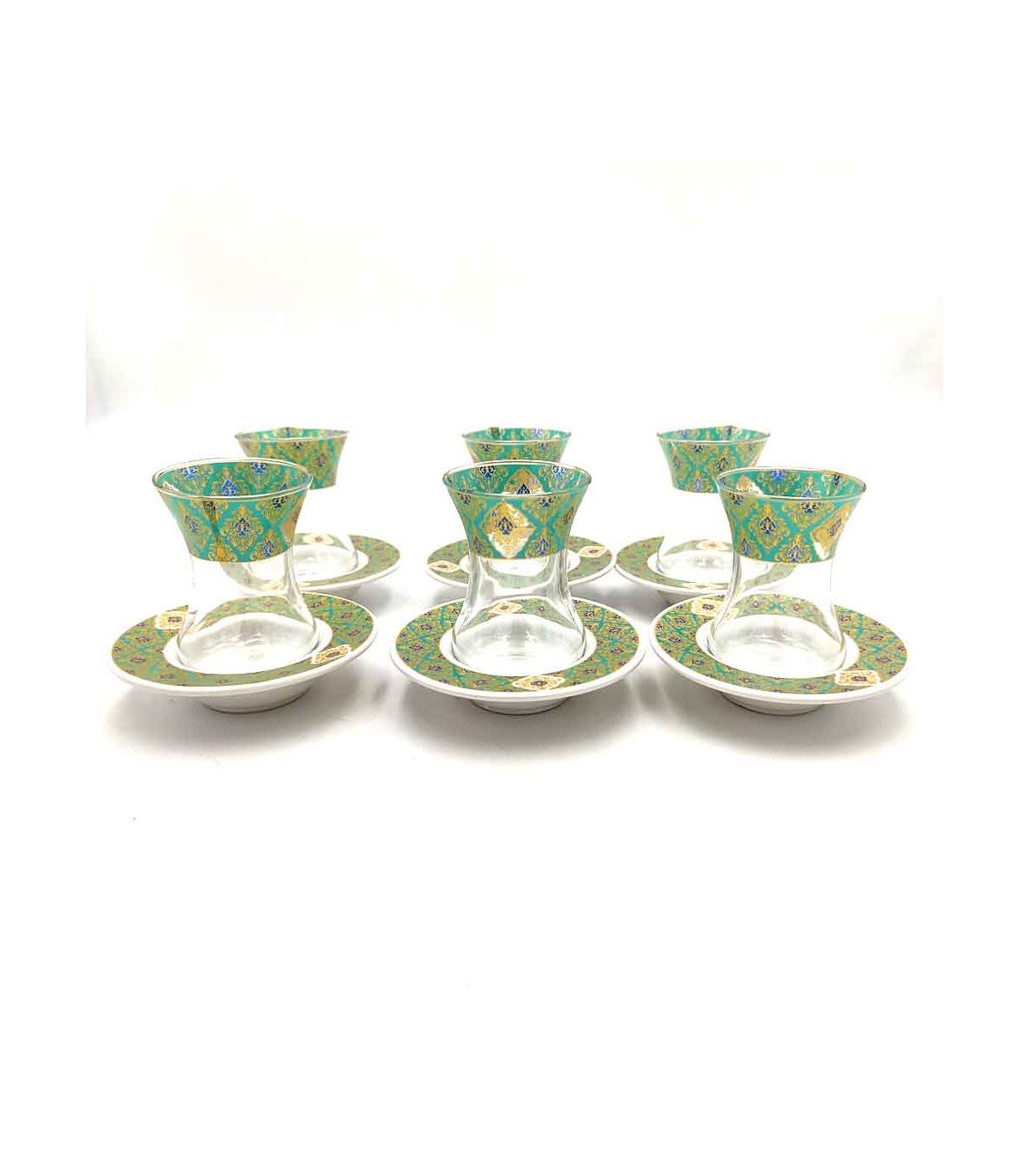 Set Juego 6 Vasos de Té Turco con Platitos - Artesanía Turca - Decoración Árabe - Modelo Alkhazaf