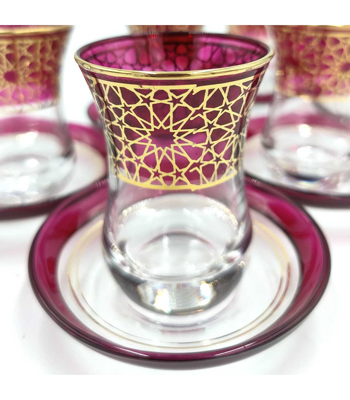 Set Juego 6 Vasos de Té Turco con Platitos - Artesanía Turca - Decoración Árabe - Modelo Arabeski