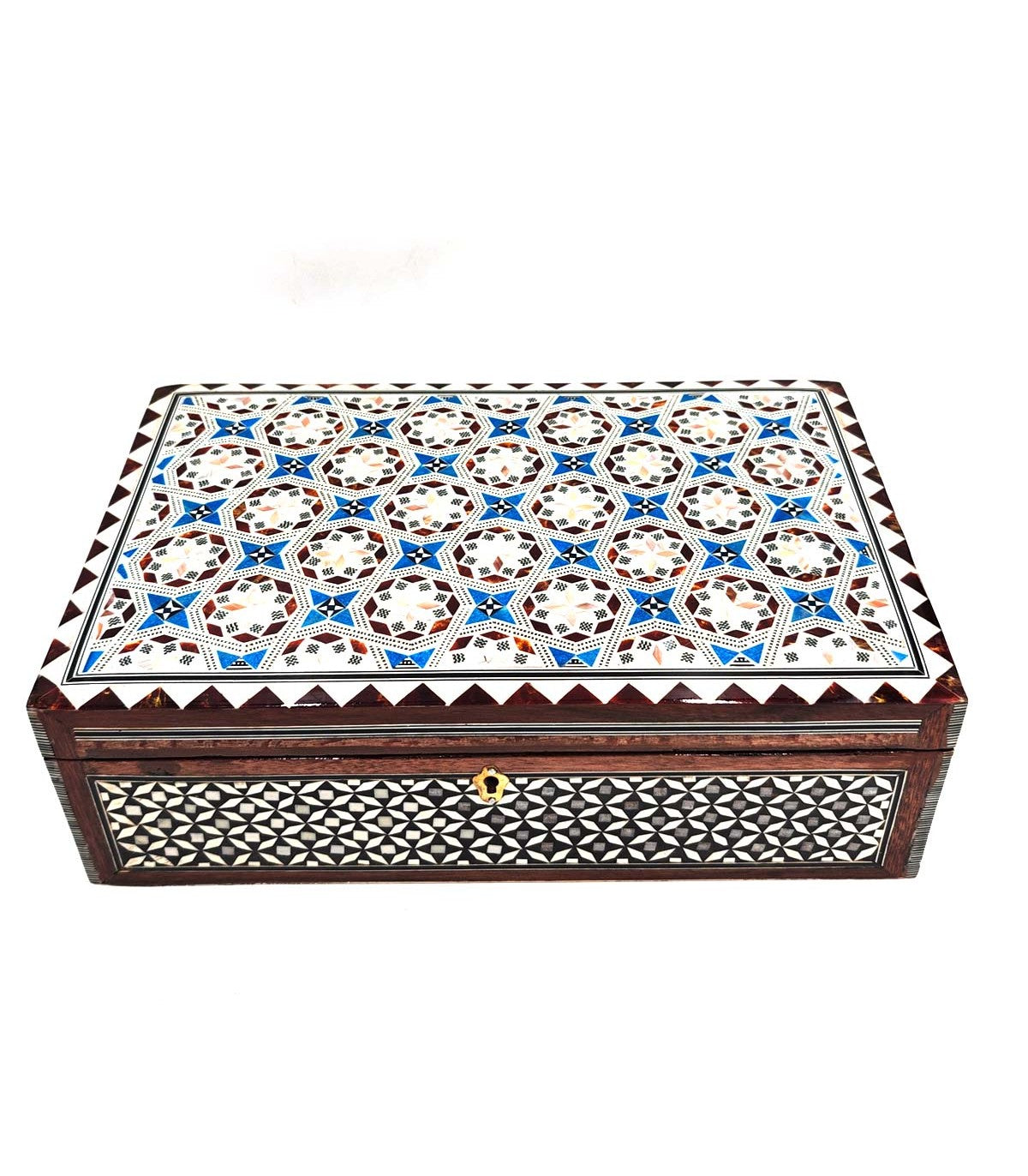 Joyero Rectángular de Taracea Blanca Egipto con Detalles Azules
