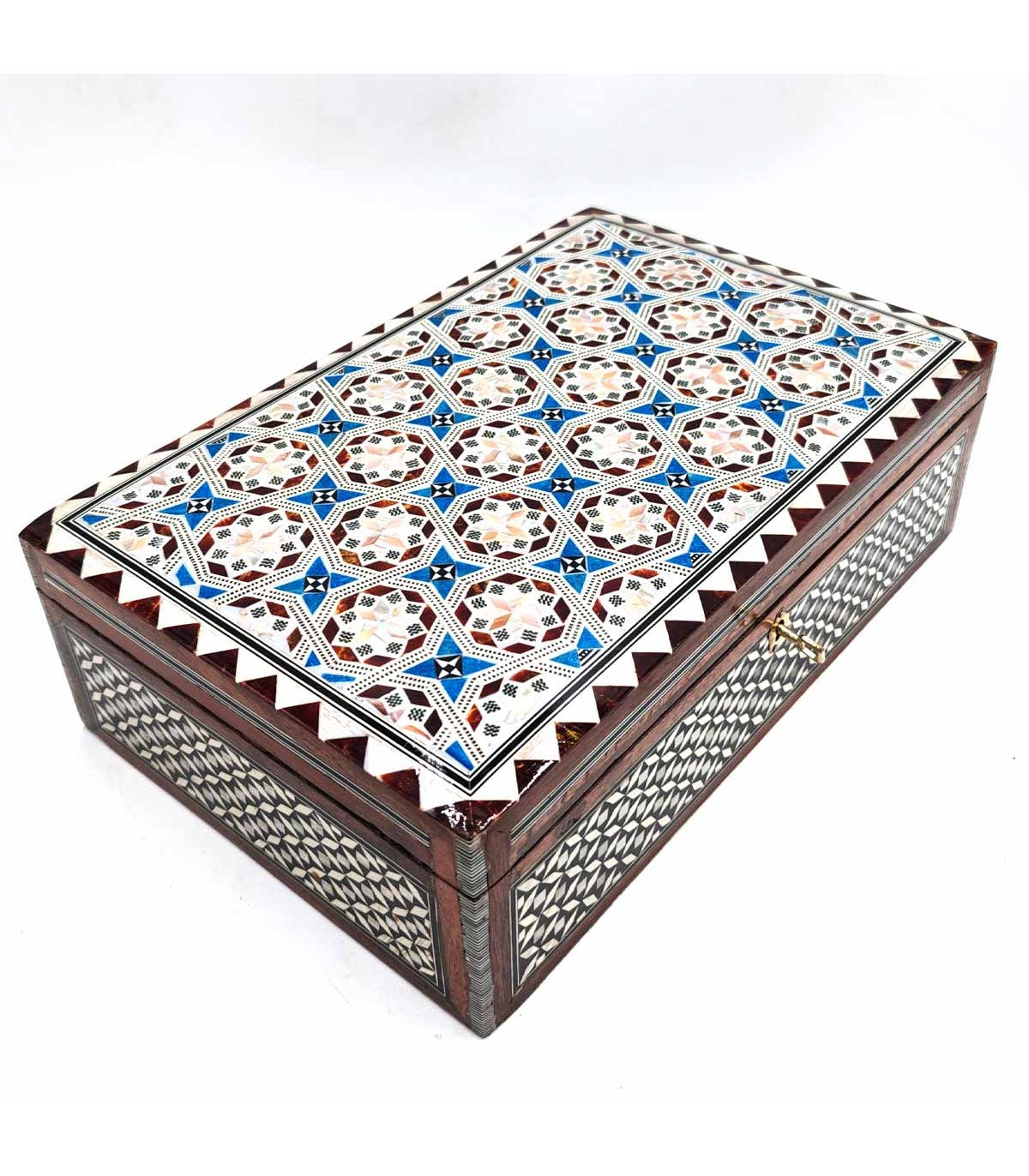Joyero Rectángular de Taracea Blanca Egipto con Detalles Azules