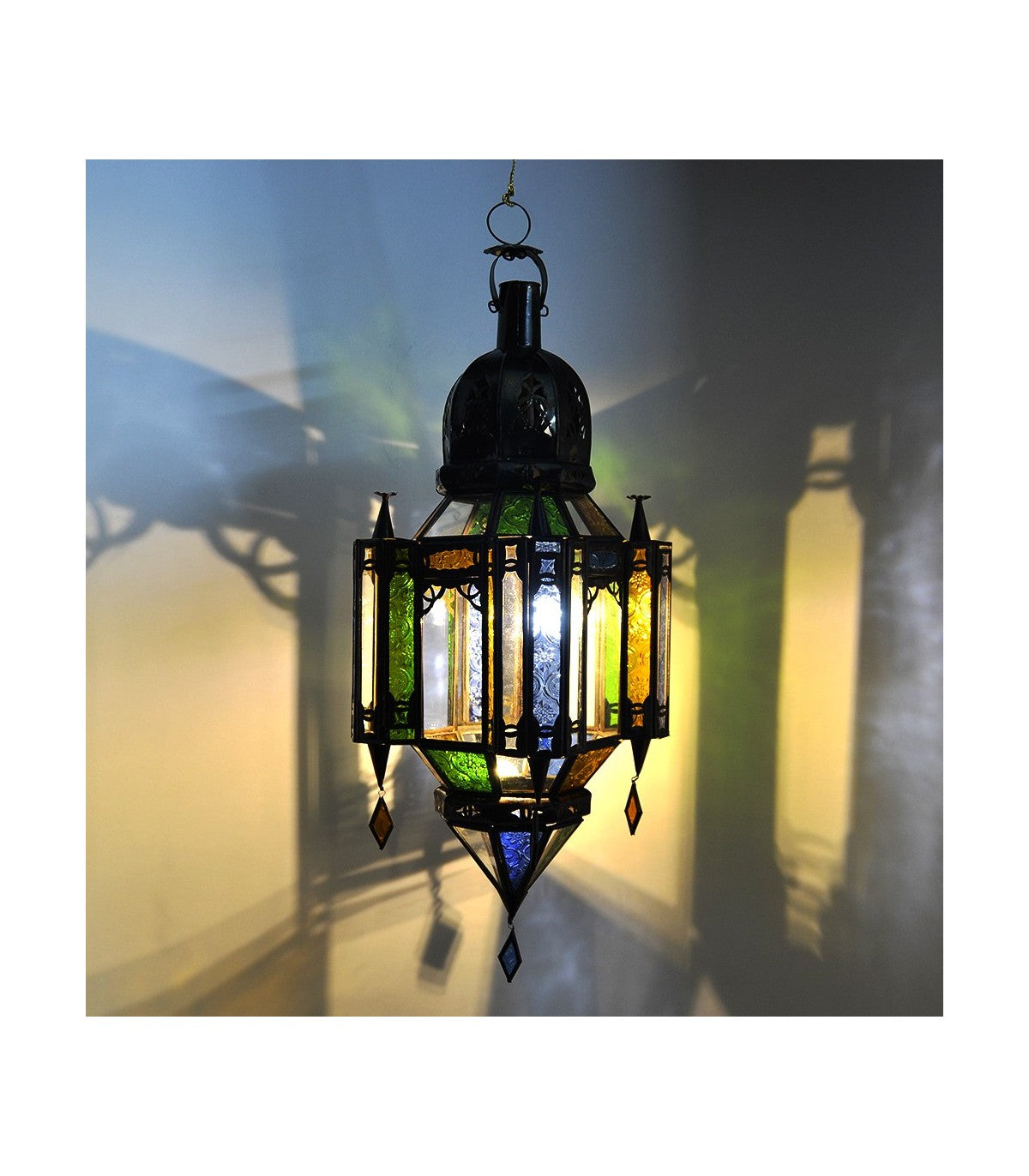 Lámpara Árabe Cristal y Metal - Decoración Andalusí Colores Colgante - Modelo Maulidad Alwan