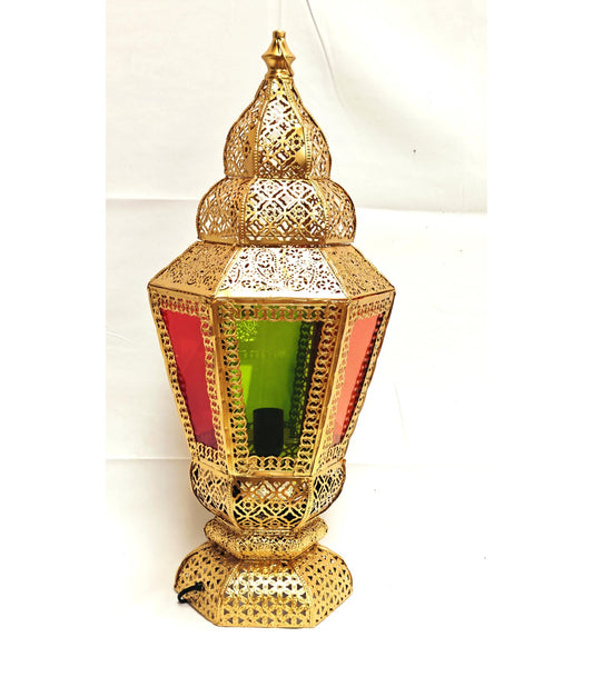 Lámpara Farol de Pie Dorada - Pantalla de Cristal Multicolor - Modelo Fanusi