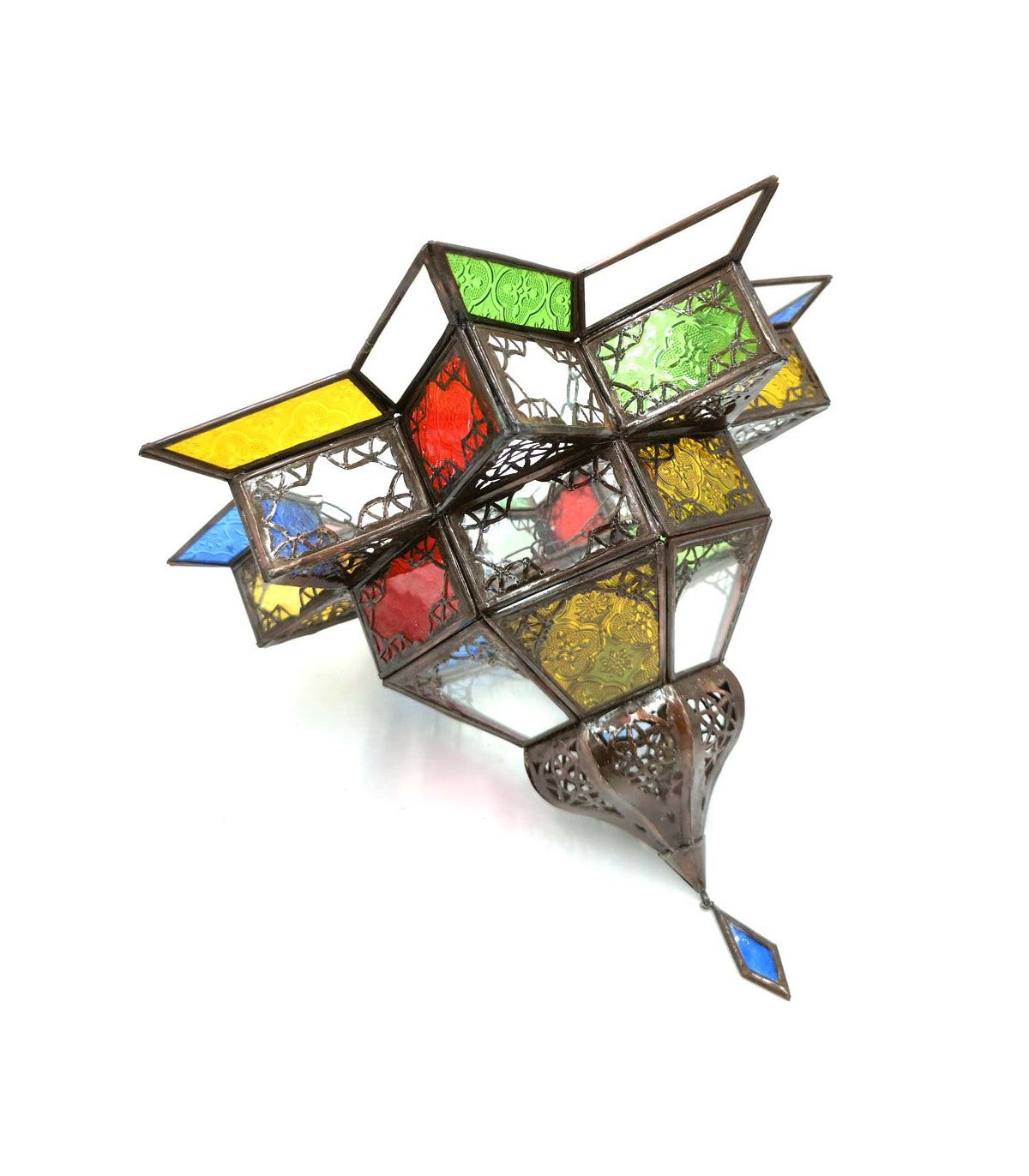 Lámpara Plafón Árabe - Decoración Marroquí Andalusí Cristales Multicolor - Calado Árabe Modelo Najmatein