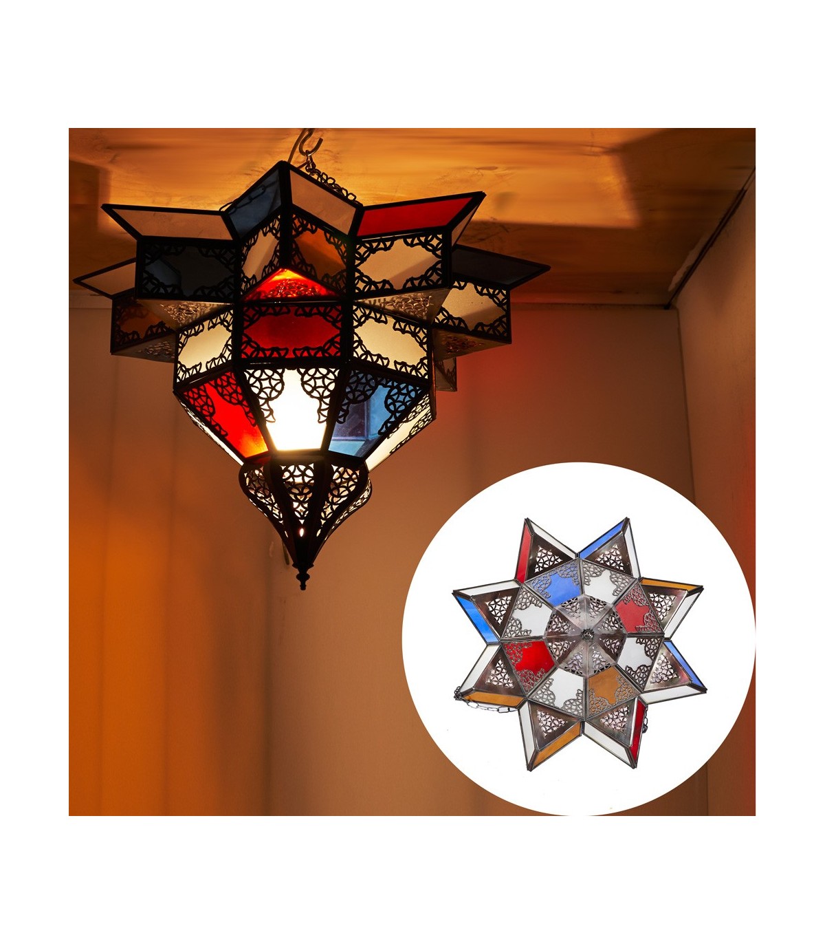 Lámpara Plafón Árabe - Decoración Marroquí Andalusí Cristales Multicolor - Calado Árabe Modelo Najmatein