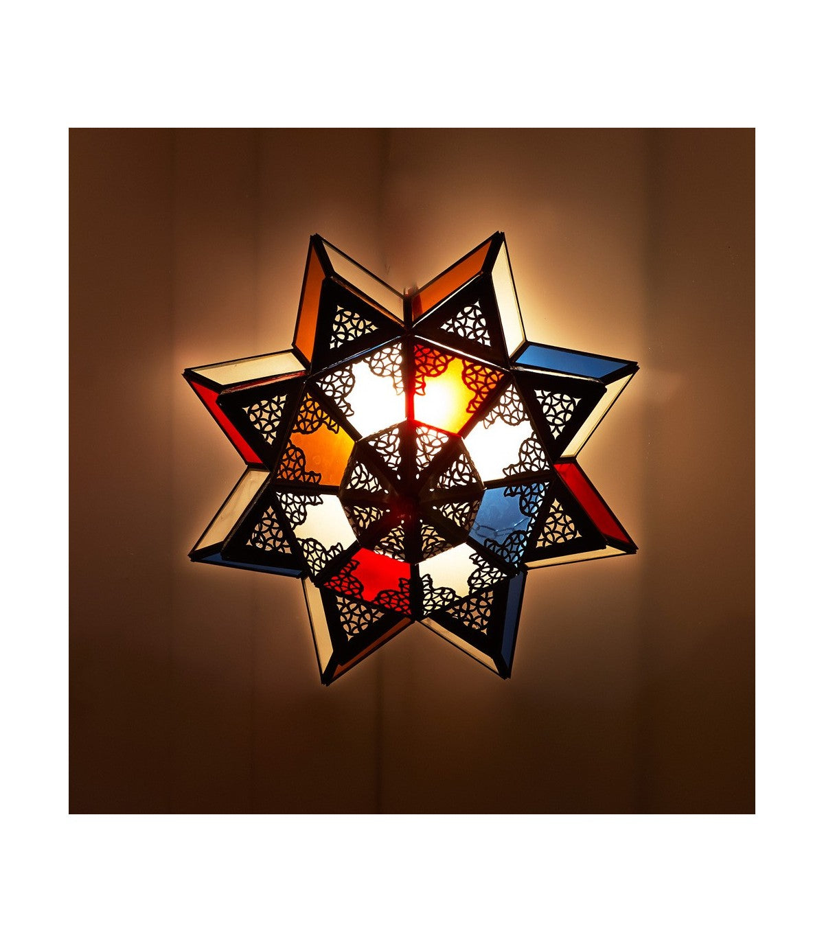 Lámpara Plafón Árabe - Decoración Marroquí Andalusí Cristales Multicolor - Calado Árabe Modelo Najmatein