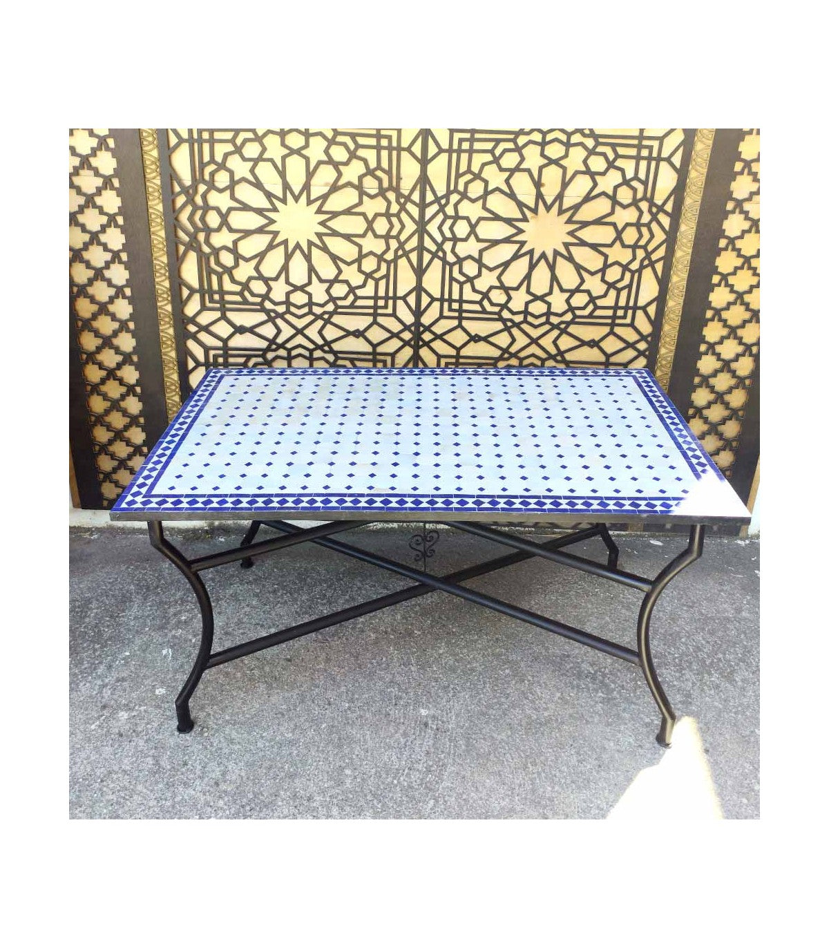 Mesa Mosaico Jardin o Patio Andalusí - Azul y Beige - Artesanía Marroquí - Modelo Nukaat