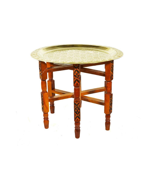 Arabic Style Tea Table Tetaría - Wood and Moroccan Gold Brass Moroccan Craftsmanship