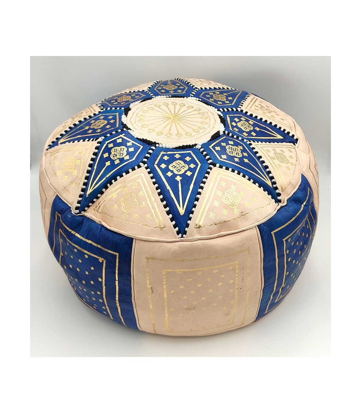 Puff Árabe Cuero 100% - Color Azul Marino Artesanía Marroquí - Modelo Laun Azrak Bahri