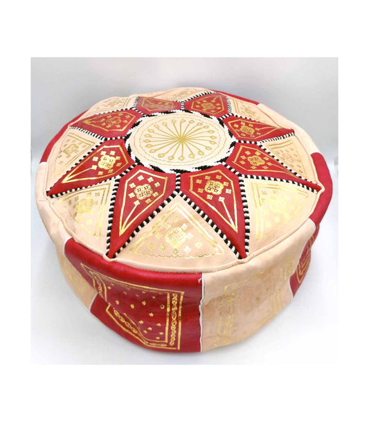 Puff Árabe Cuero 100% - Color Rojo Artesanía Marroquí - Modelo Laun Ahmar