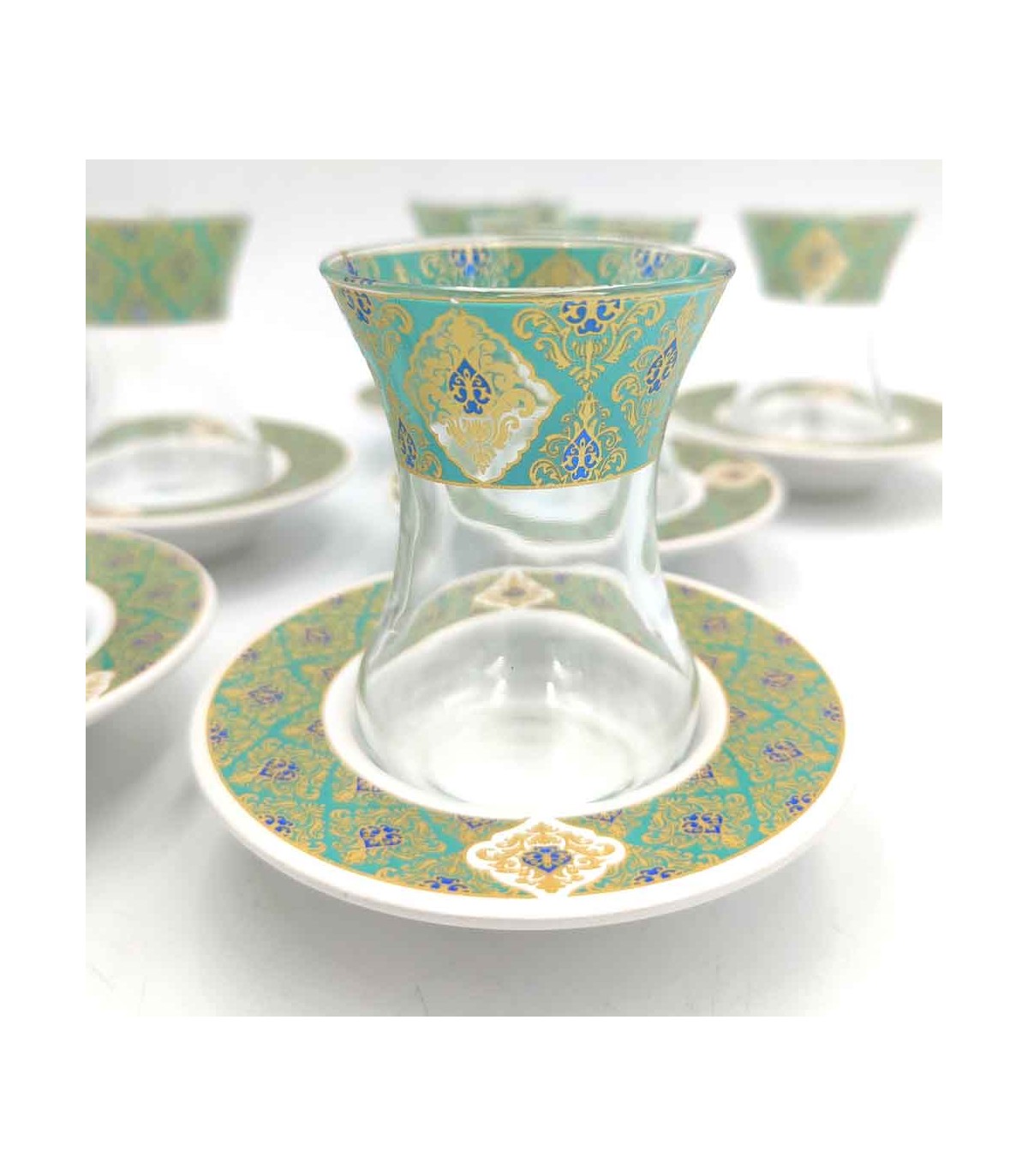 Set Juego 6 Vasos de Té Turco con Platitos - Artesanía Turca - Decoración Árabe - Modelo Alkhazaf